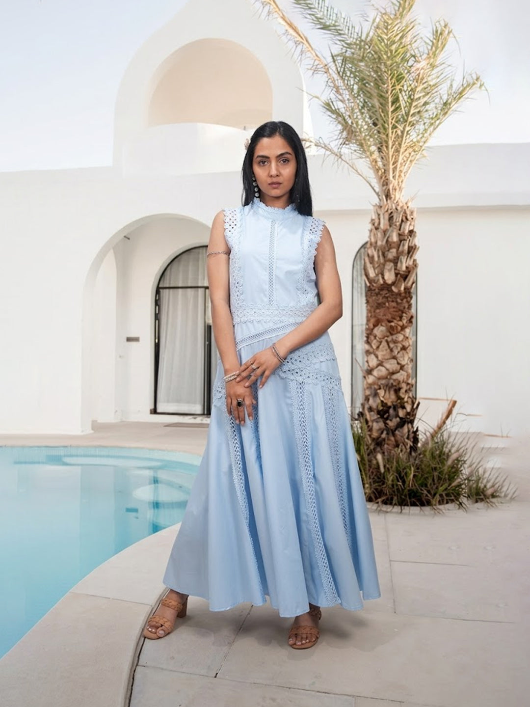 Women’s Sleeveless Knit Eyelet Pleated Maxi Dress