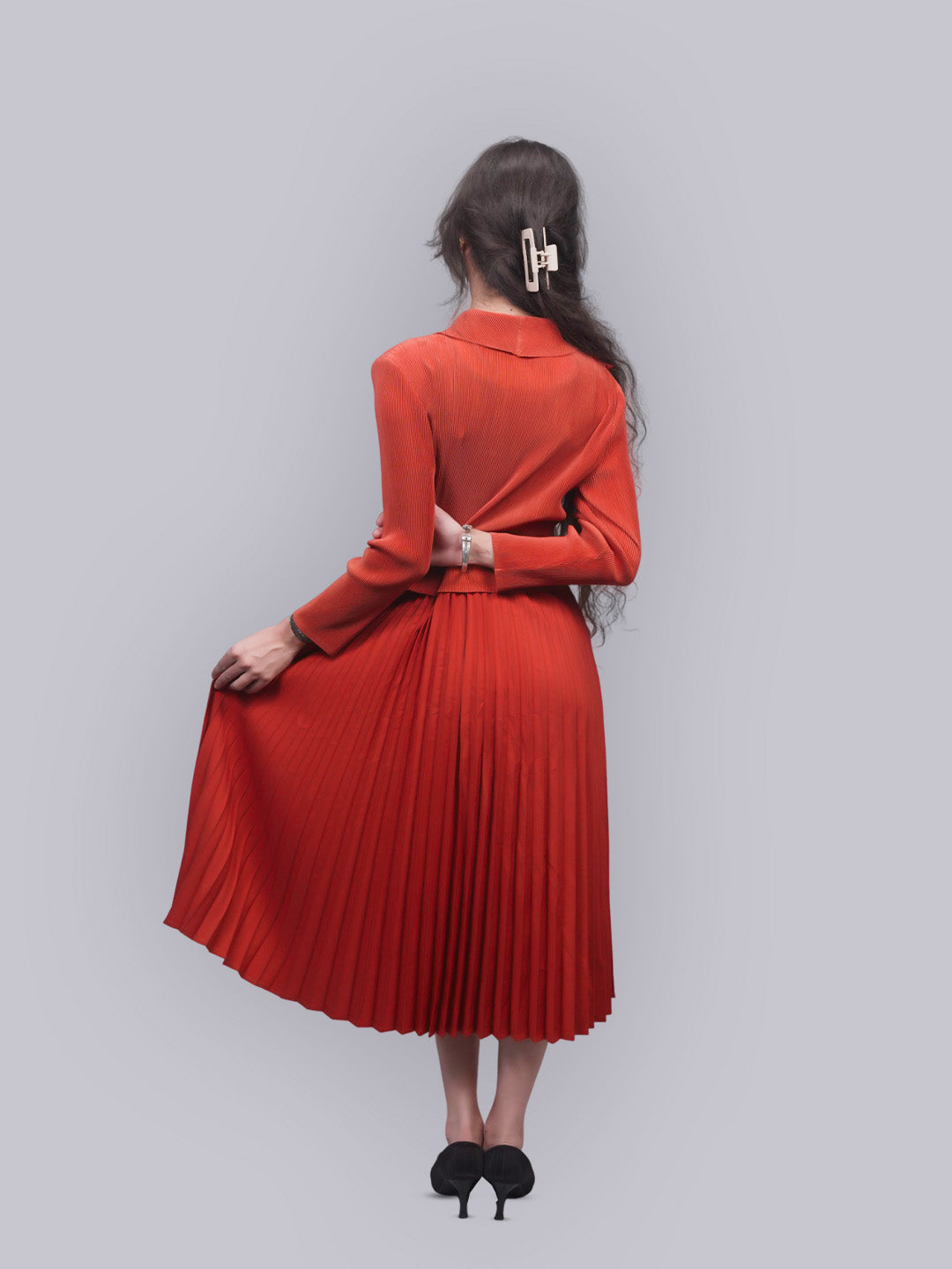 Women’s Rust Ruffled Collar Pleated Jacket & Skirt Co-ord Set | Two Piece Pleated Outfit