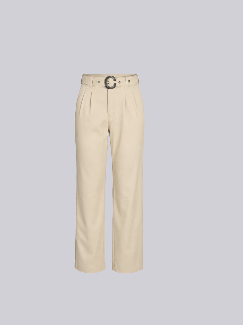 Beige High-Waisted Pleated Trousers