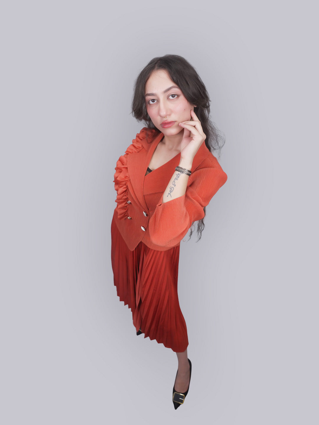 Women’s Rust Ruffled Collar Pleated Jacket & Skirt Co-ord Set | Two Piece Pleated Outfit