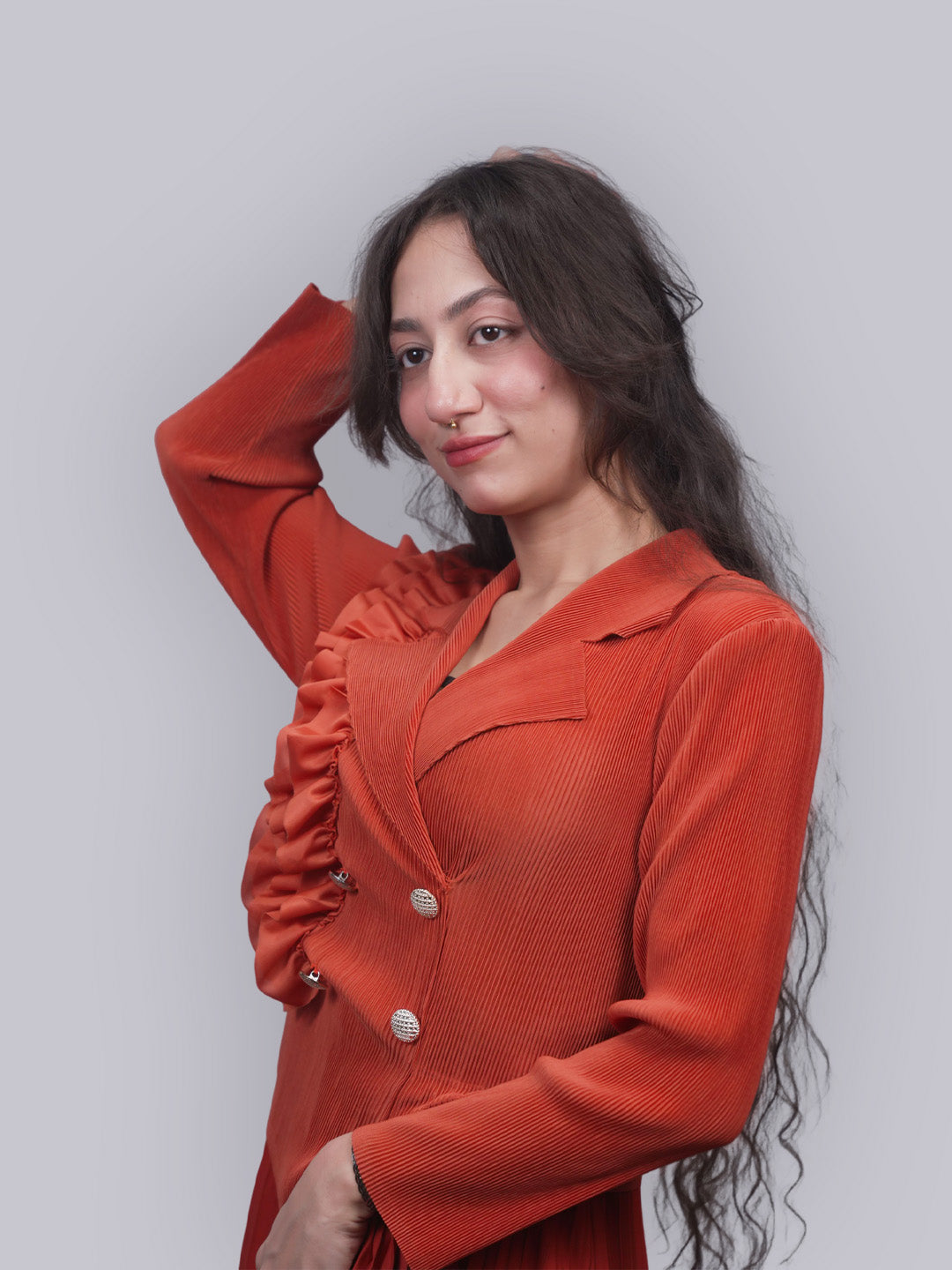 Women’s Rust Ruffled Collar Pleated Jacket & Skirt Co-ord Set | Two Piece Pleated Outfit
