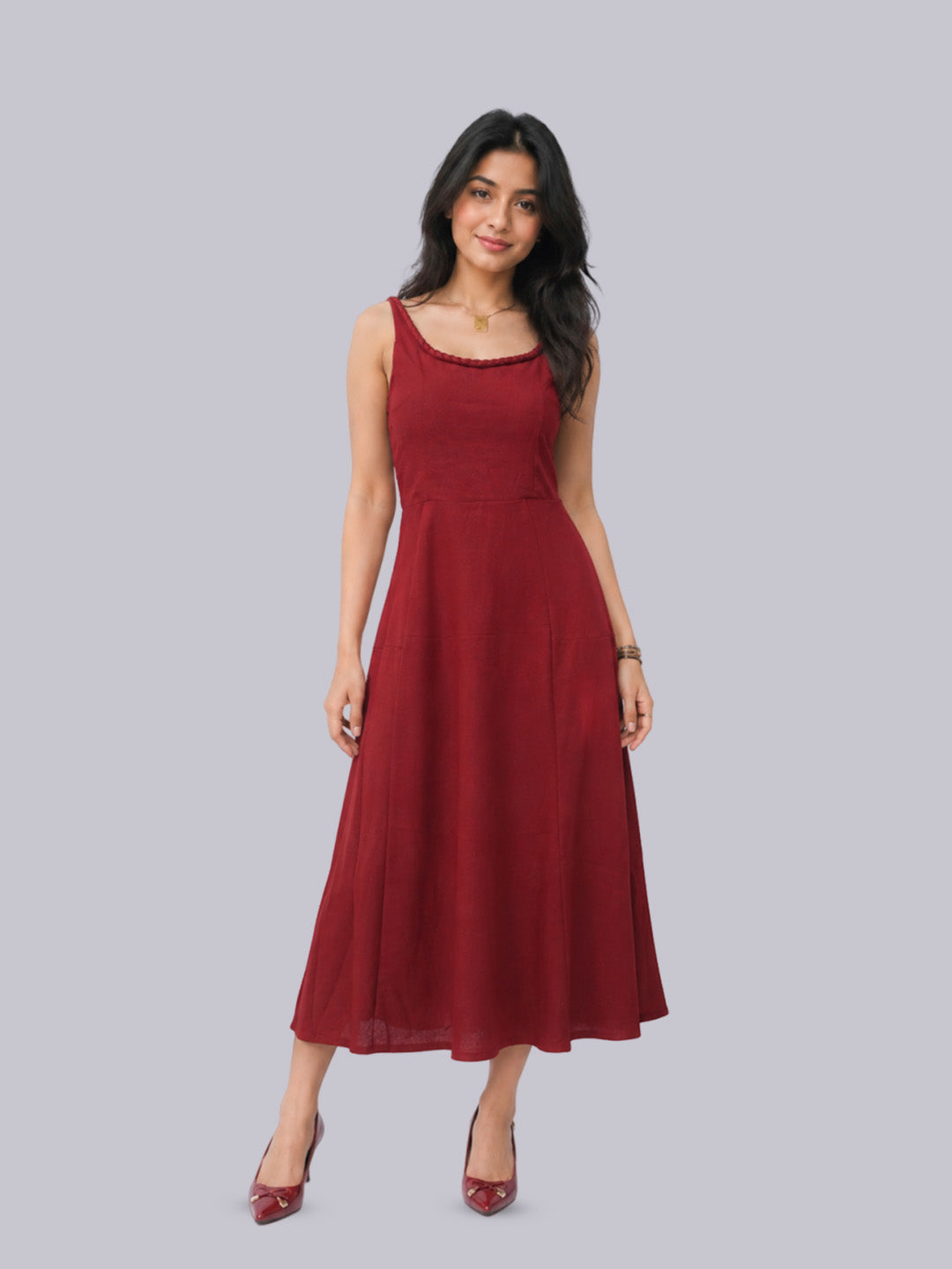 Women’s Maroon Braided Strap Fit & Flare Midi Dress