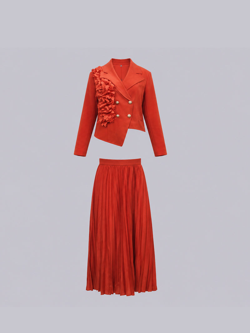 Women’s Rust Ruffled Collar Pleated Jacket & Skirt Co-ord Set