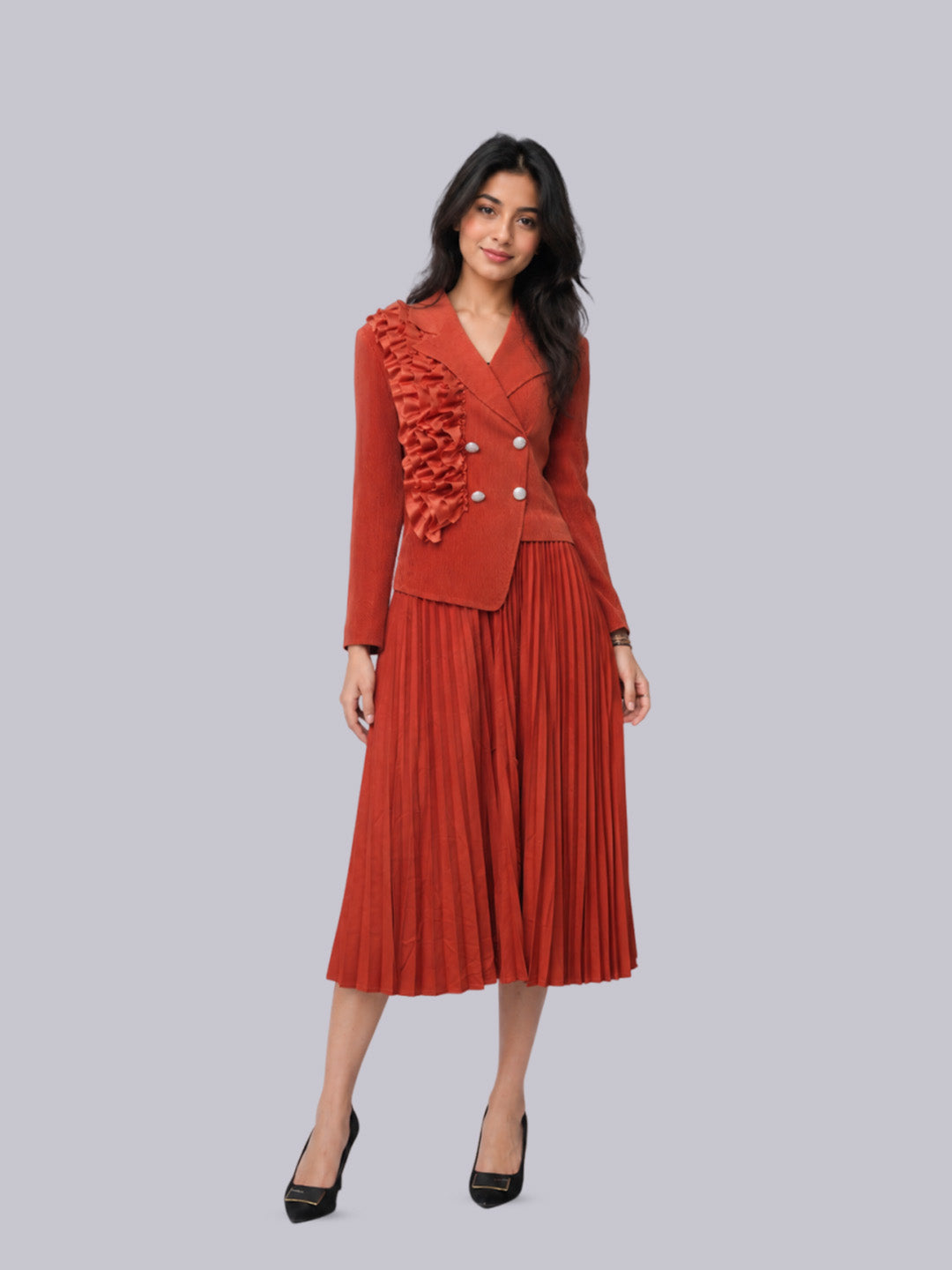 Women’s Rust Ruffled Collar Pleated Jacket & Skirt Co-ord Set
