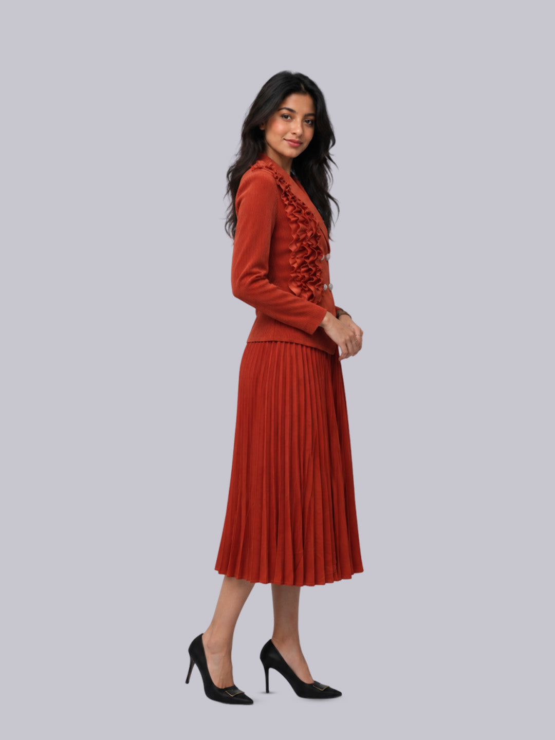 Women’s Rust Ruffled Collar Pleated Jacket & Skirt Co-ord Set