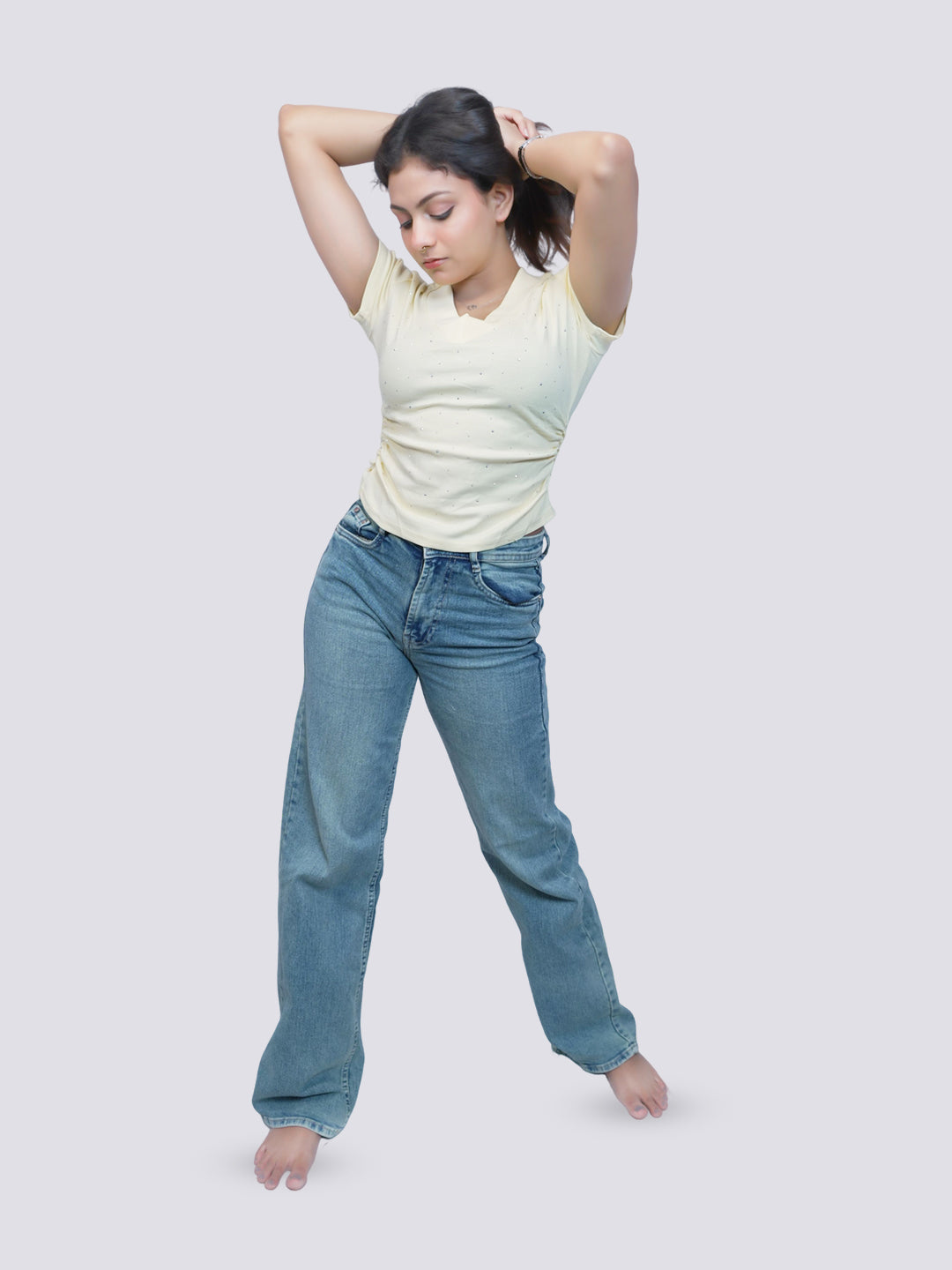 Women's Pale Yellow Ribbed Top | Notch Neckline Short Sleeve Top