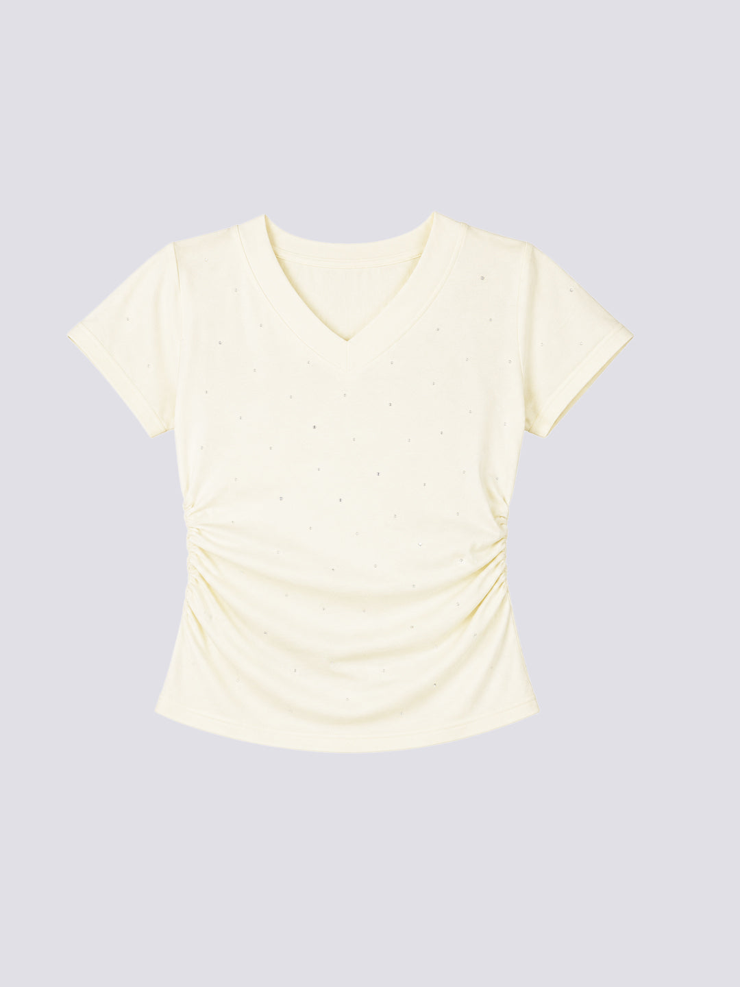 Women's Pale Yellow Ribbed Top | Notch Neckline Short Sleeve Top