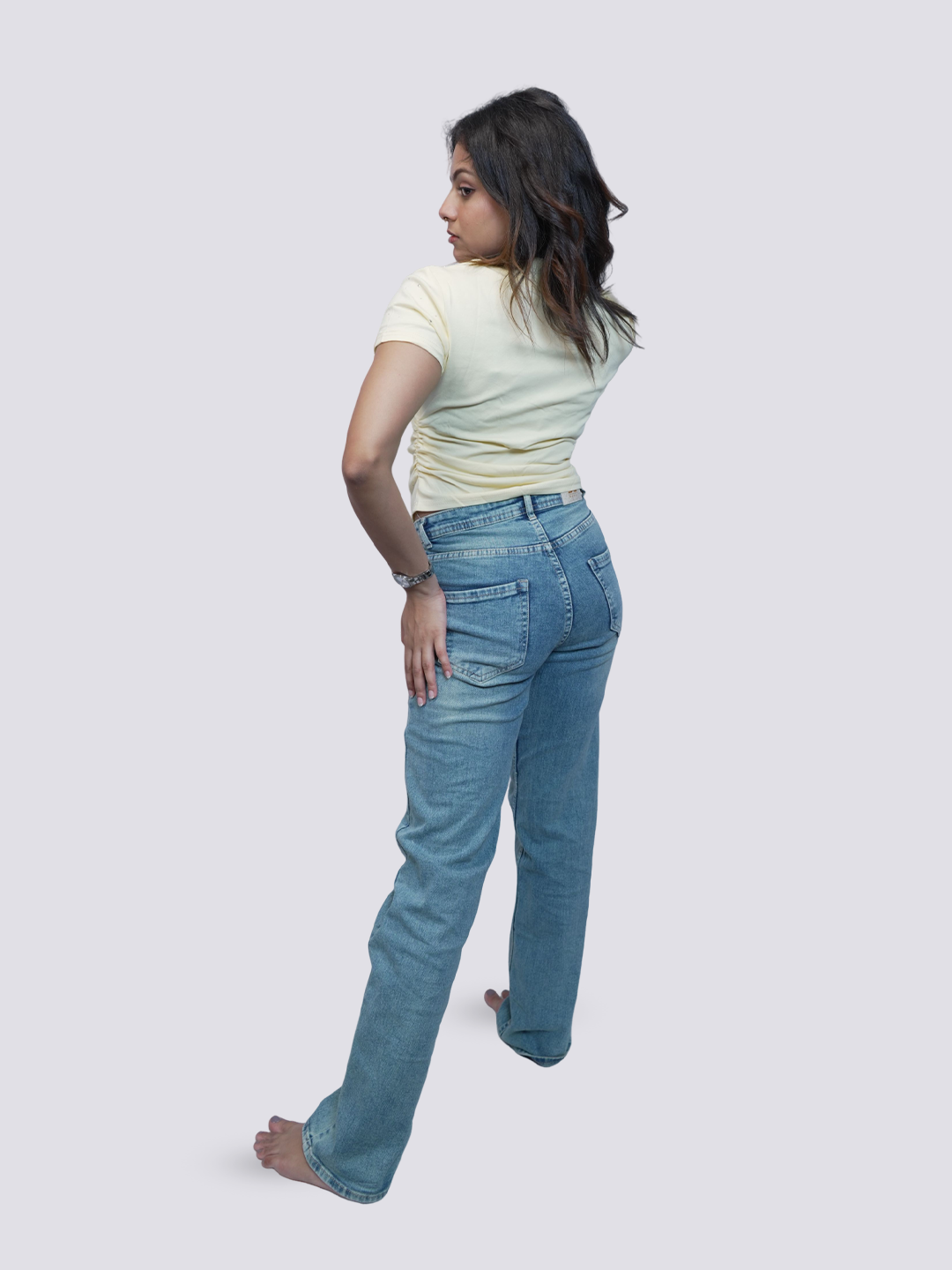 Women's Pale Yellow Ribbed Top | Notch Neckline Short Sleeve Top