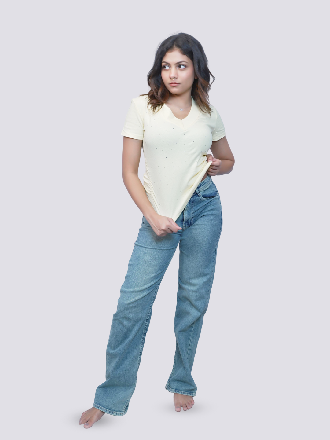 Women's Pale Yellow Ribbed Top | Notch Neckline Short Sleeve Top