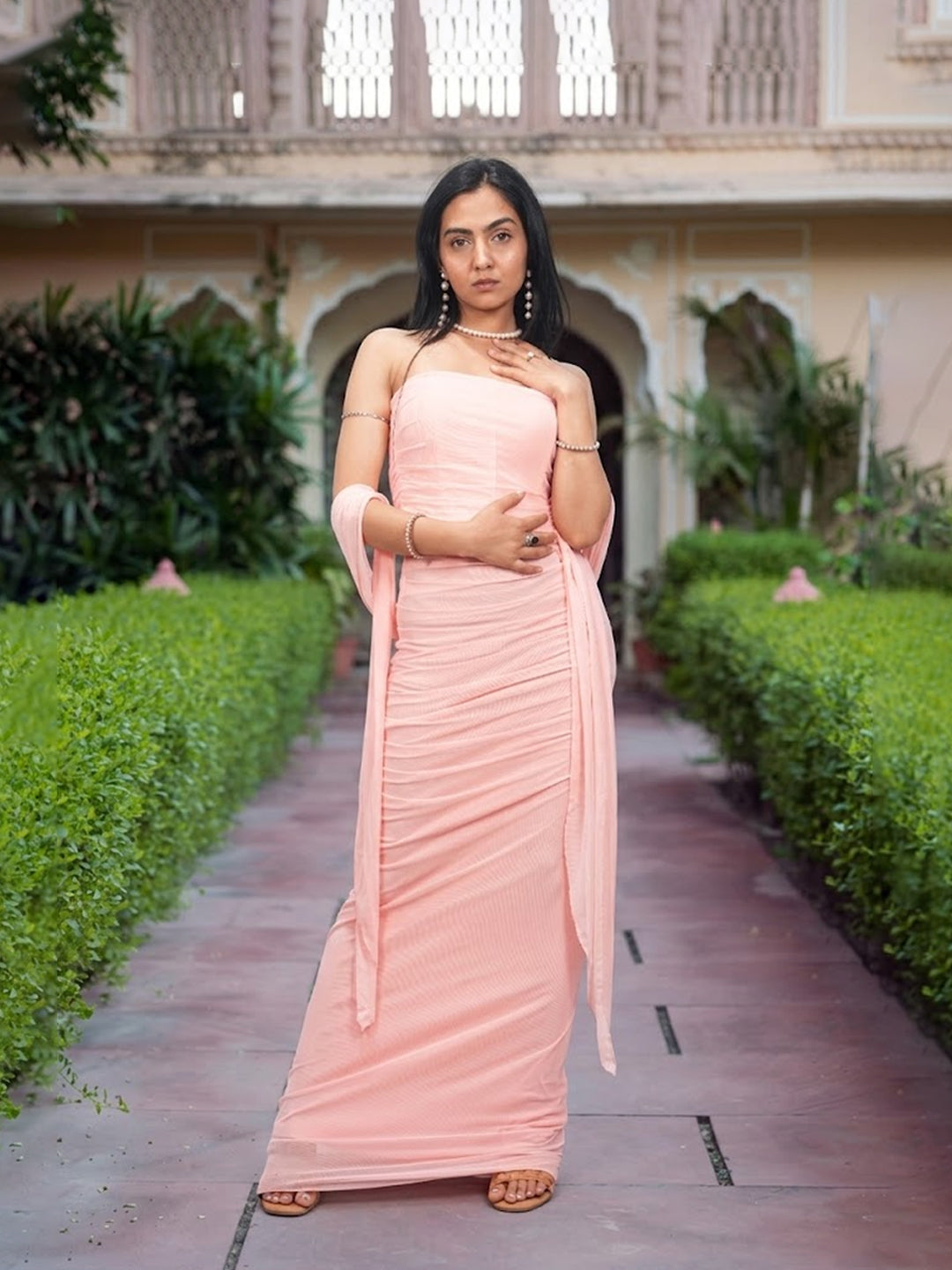 Women’s Strapless Corset Maxi Dress with Scarf