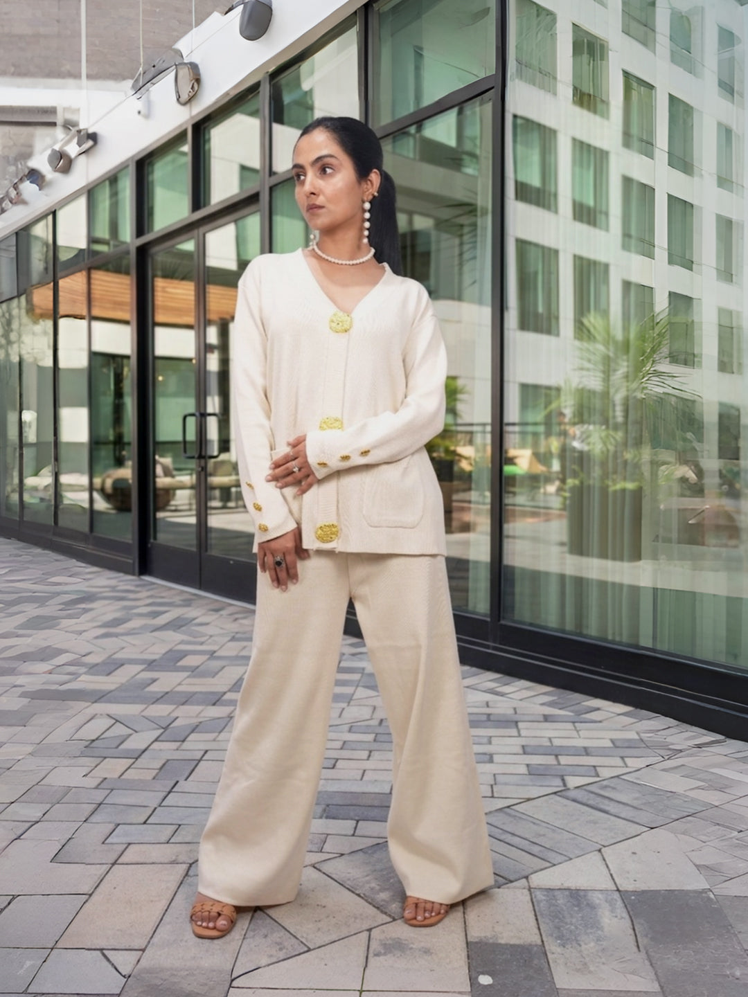 Women’s V-Neck Cardigan with Wide Leg Pants Co-ord Set