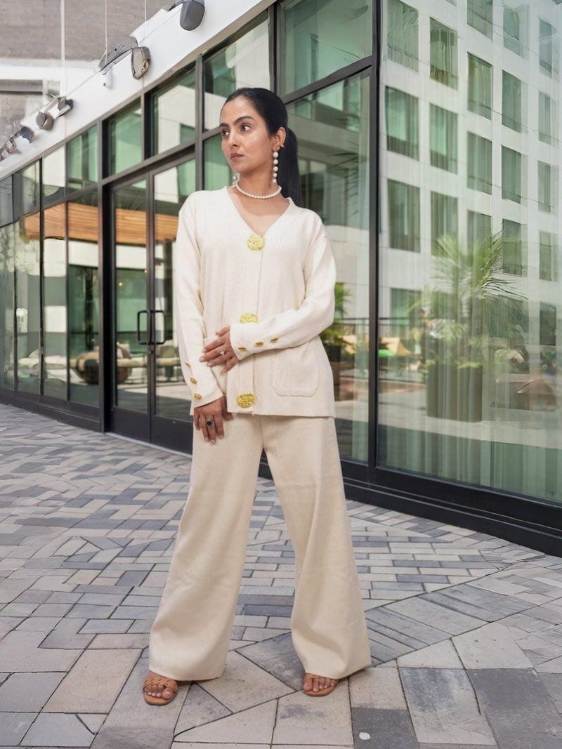 Women’s V-Neck Cardigan with Wide Leg Pants Co-ord Set