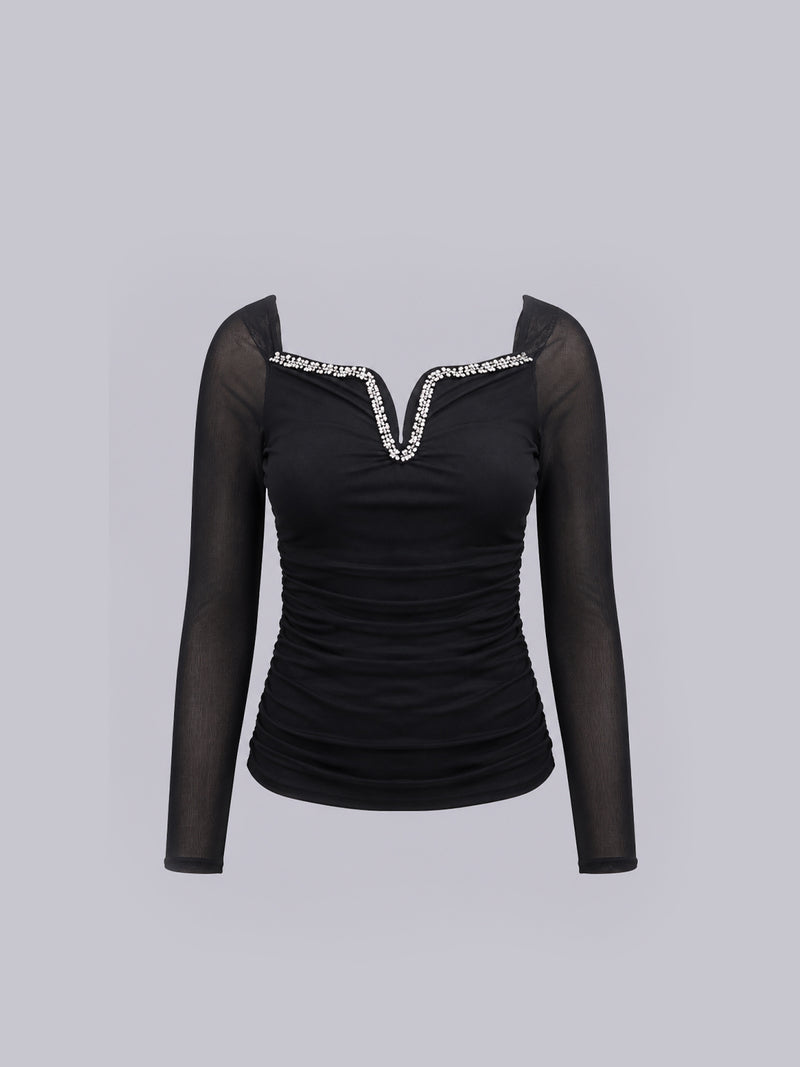 Women’s Black Sheer Mesh Long Sleeve Top