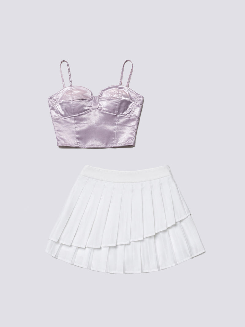 Women's Rose Satin Bustier Top & White Pleated Mini Skirt Co-ord Set
