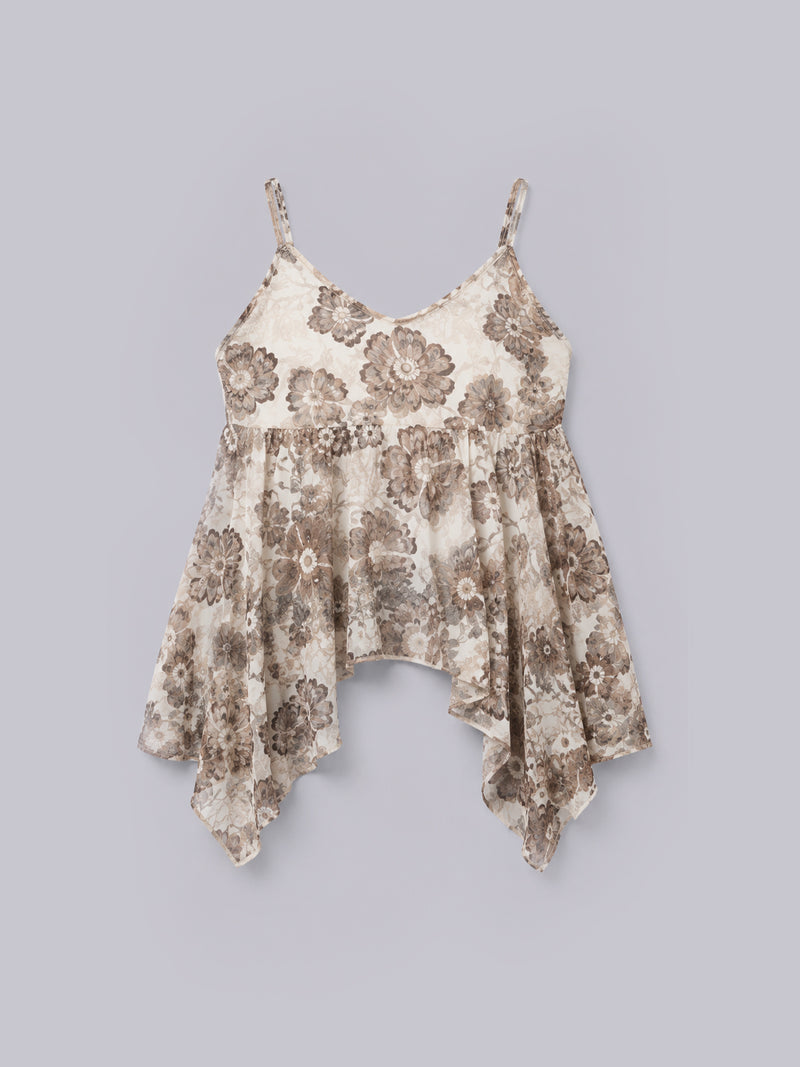 Women’s Beige Floral Lace Cami Top | Embroidered Ruffle Hem Top