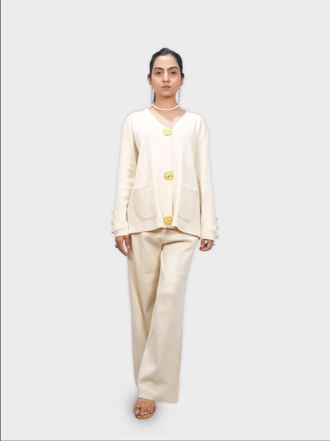 Women’s V-Neck Cardigan with Wide Leg Pants Co-ord Set