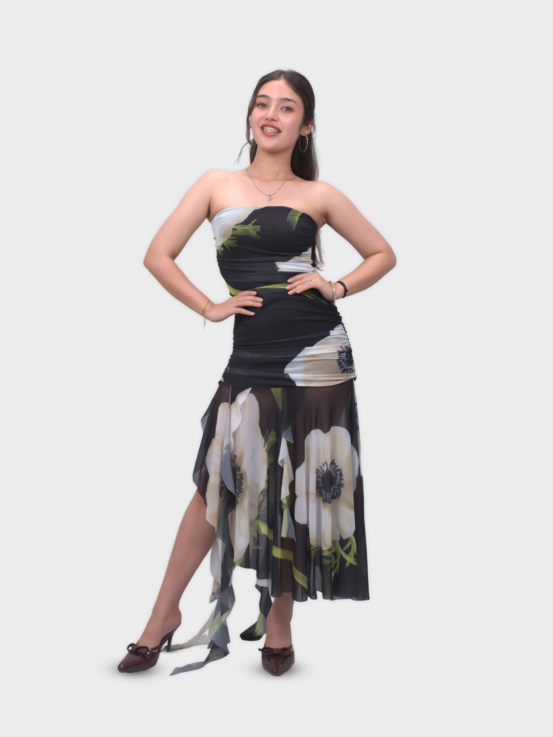 Strapless Floral Print mesh Maxi dress