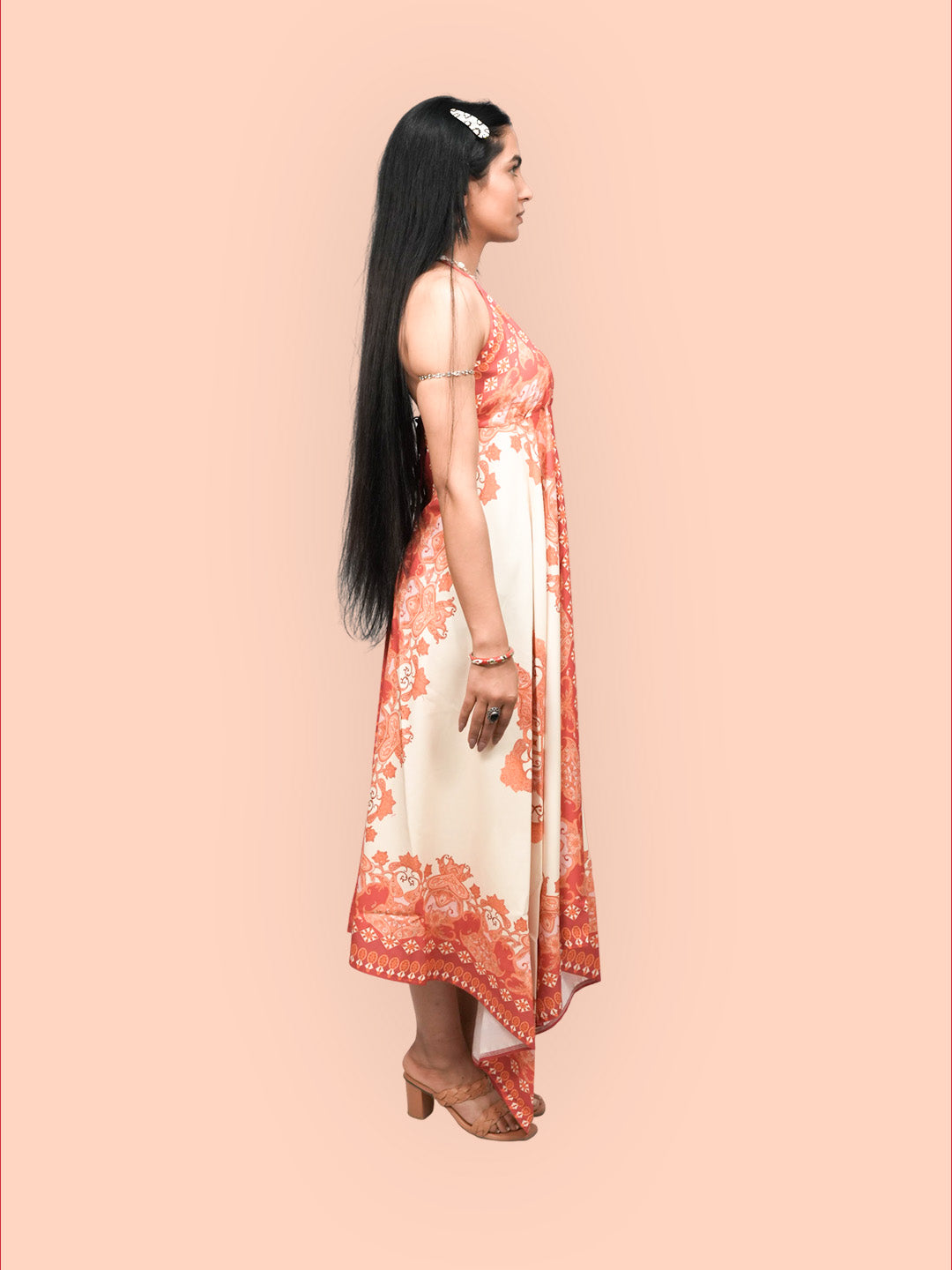 Women’s Orange Vineyard Border Print Hi-Low Maxi Dress Open Back Sleeveless Flowy Summer Dress