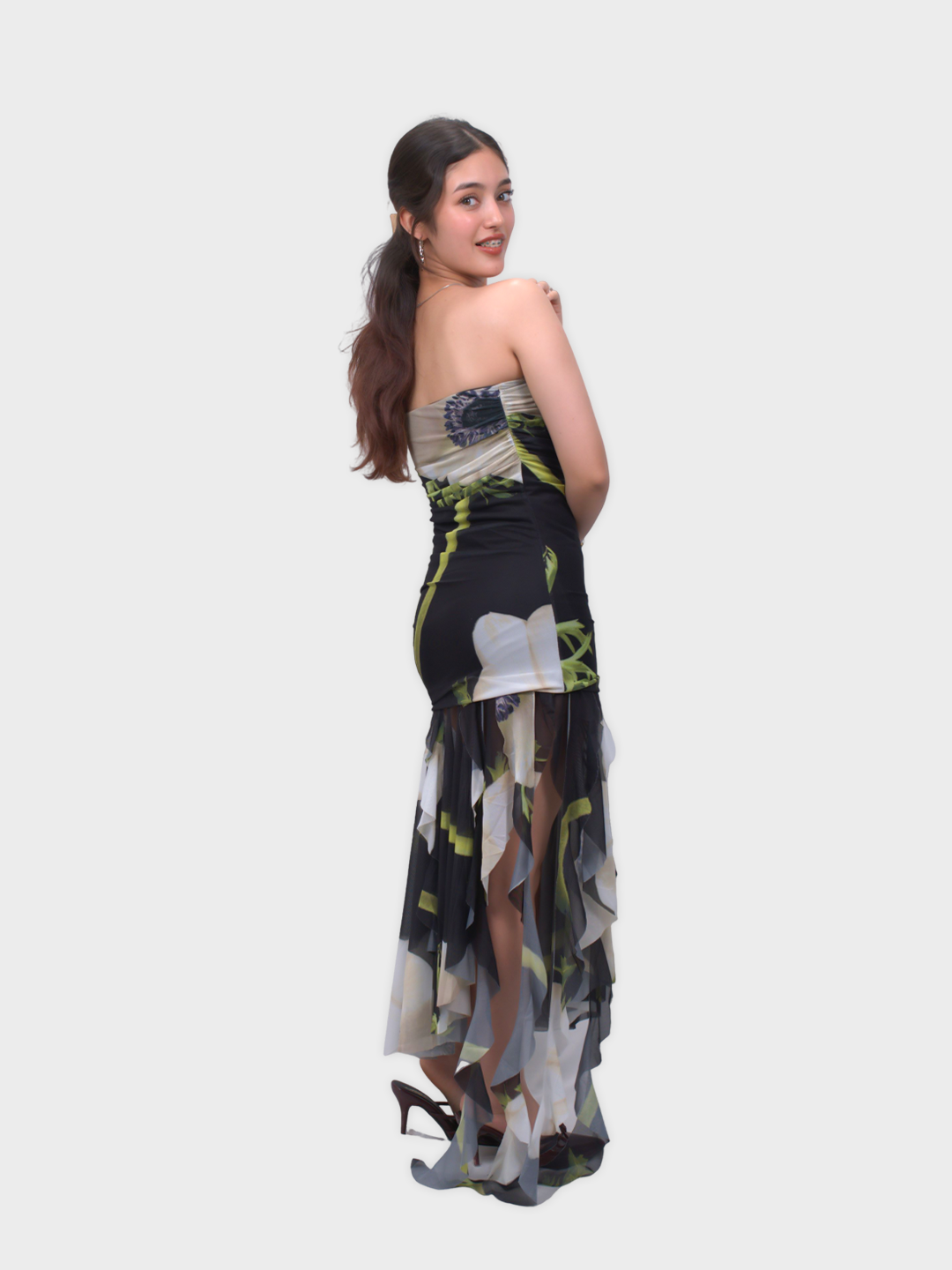 Strapless Floral Print mesh Maxi dress