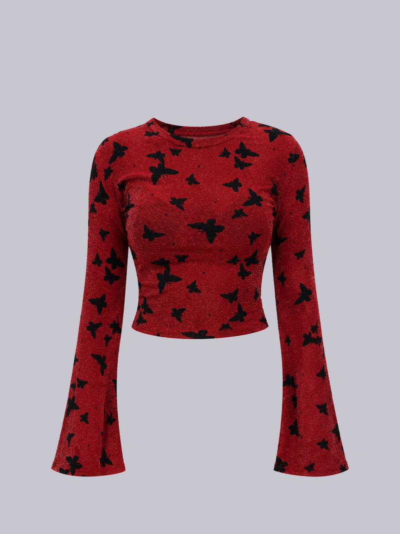 Women's Butterfly Print Mesh Crop Top