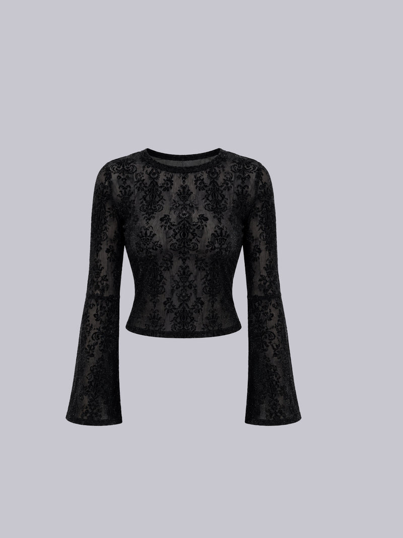 Women's Black Floral Lace Mesh Crop Top