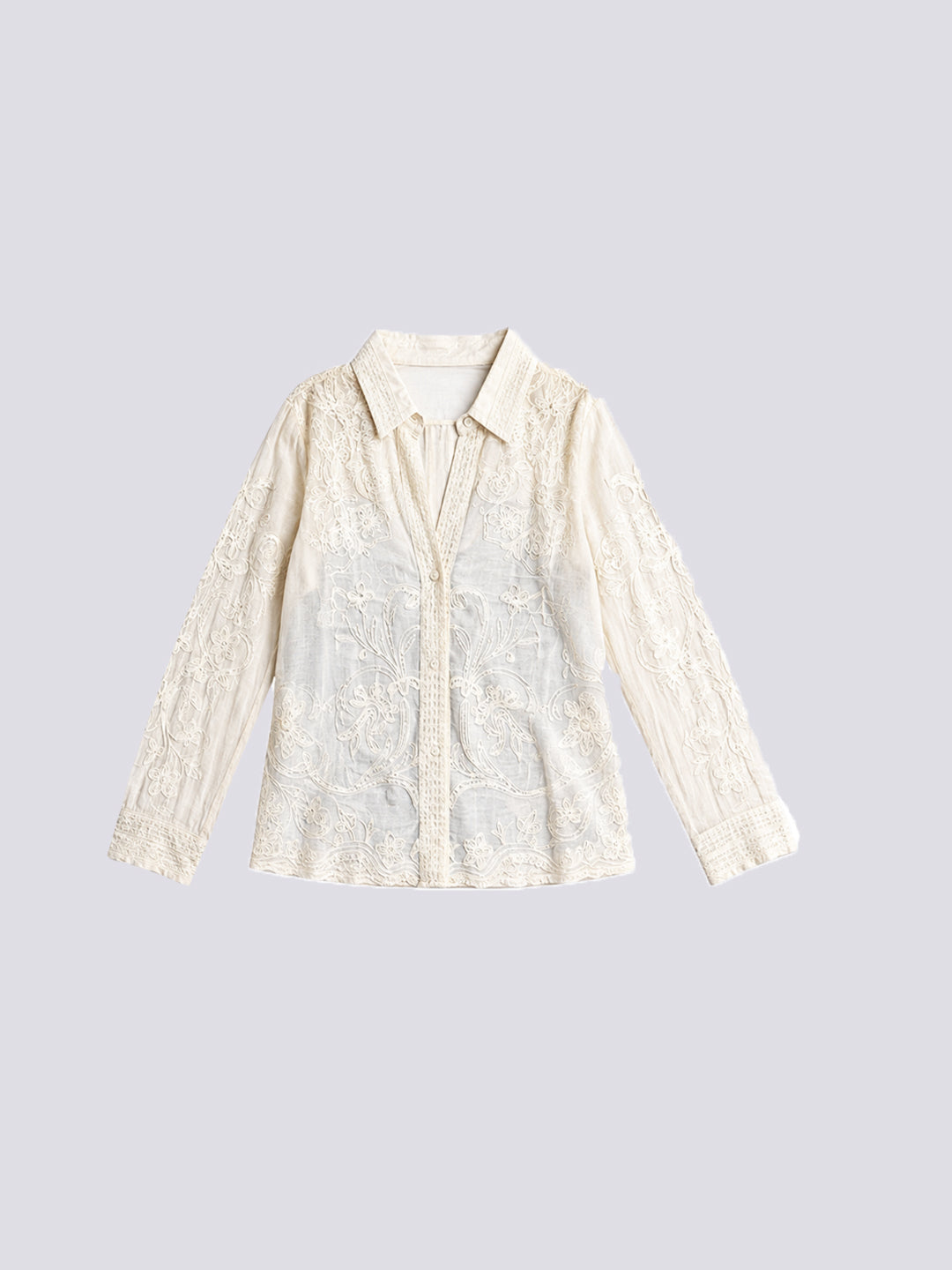 Women's Ivory Sheer Lace Blouse | Floral Embroidered Long Sleeve Top
