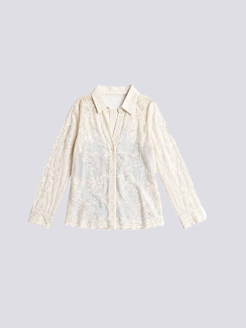 Women's Ivory Sheer Lace Blouse | Floral Embroidered Long Sleeve Top