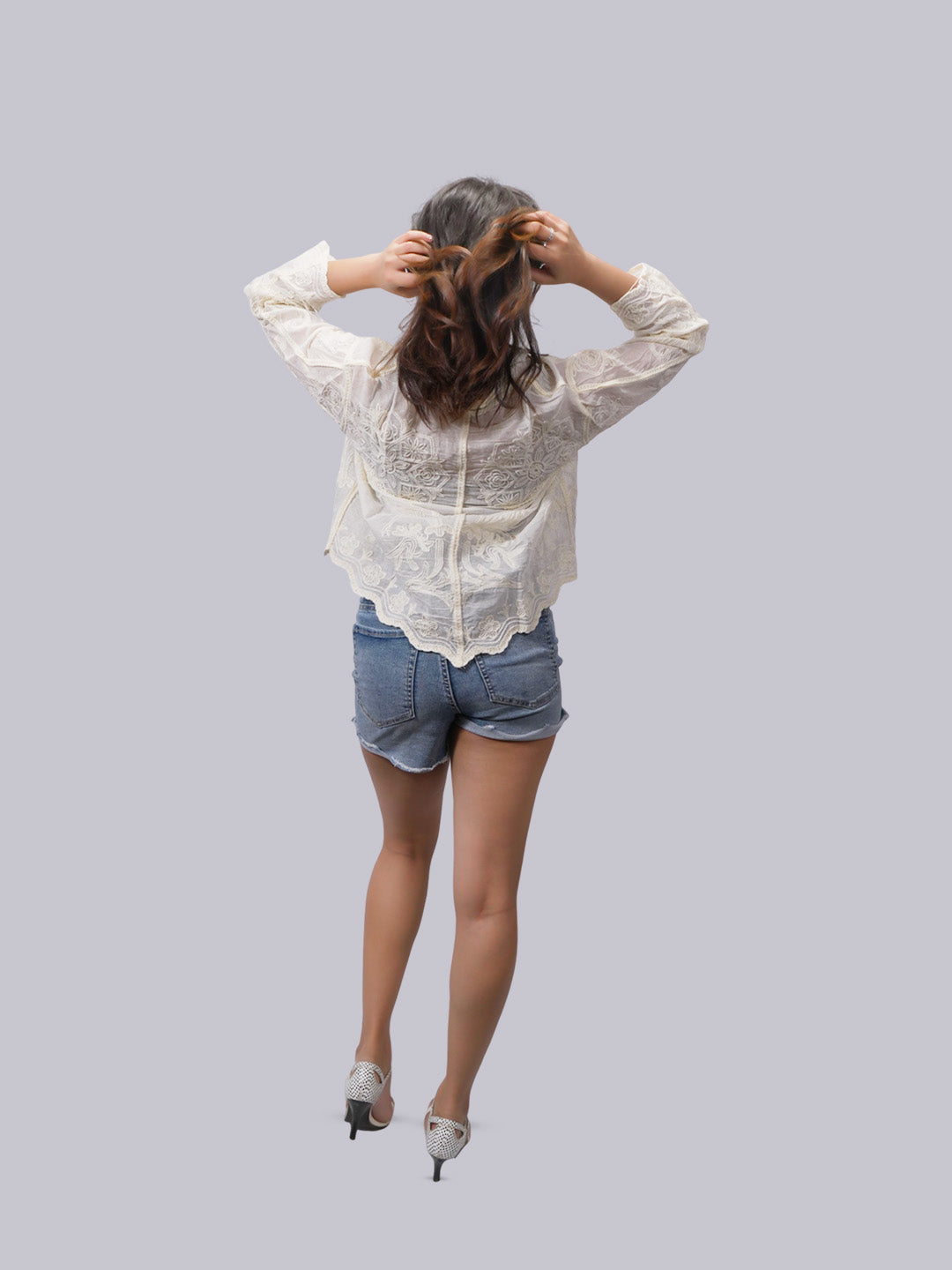 Women's Ivory Sheer Lace Blouse | Floral Embroidered Long Sleeve Top
