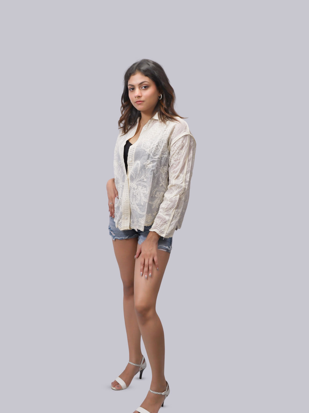 Women's Ivory Sheer Lace Blouse | Floral Embroidered Long Sleeve Top