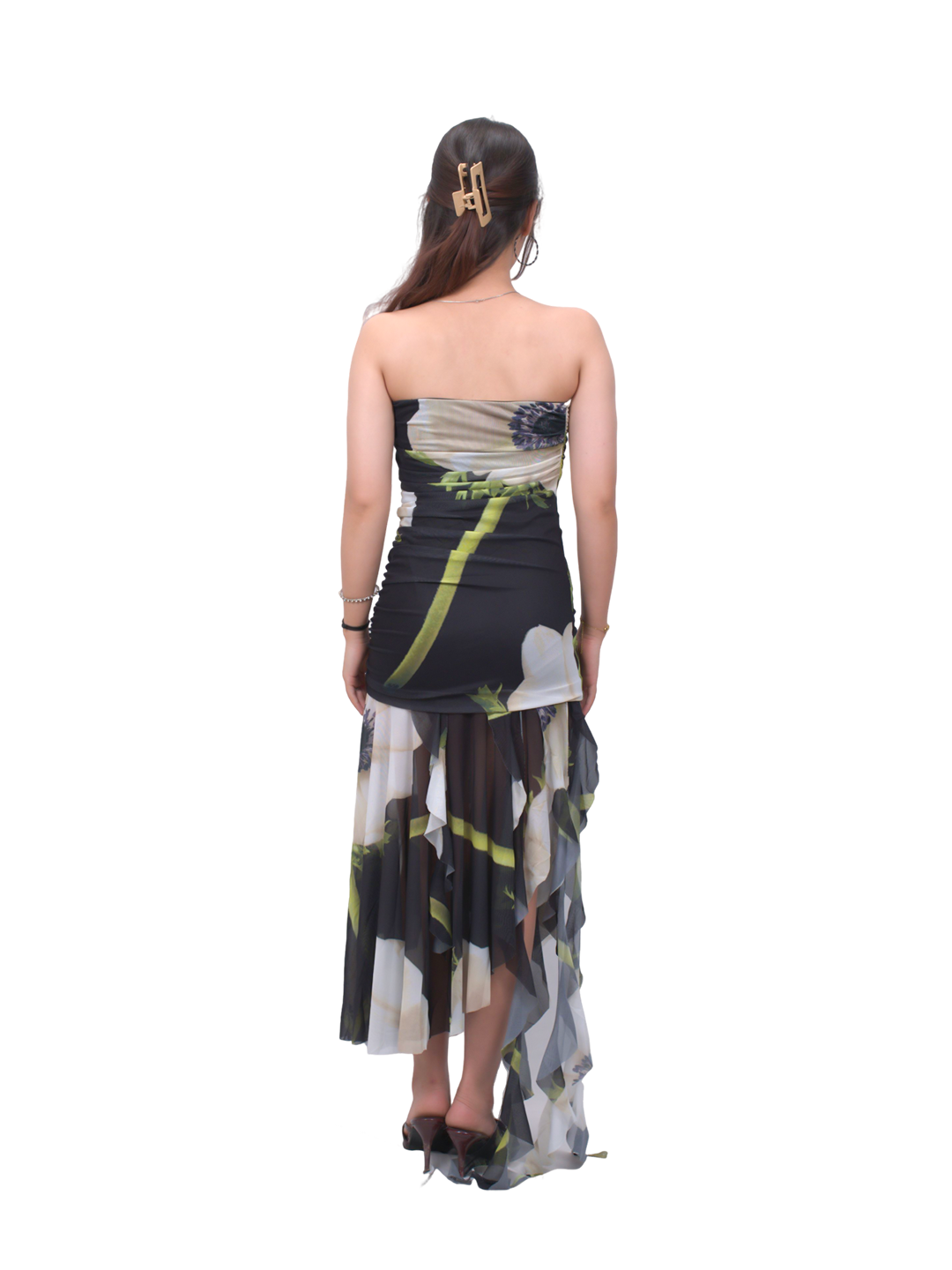 Strapless Floral Print mesh Maxi dress