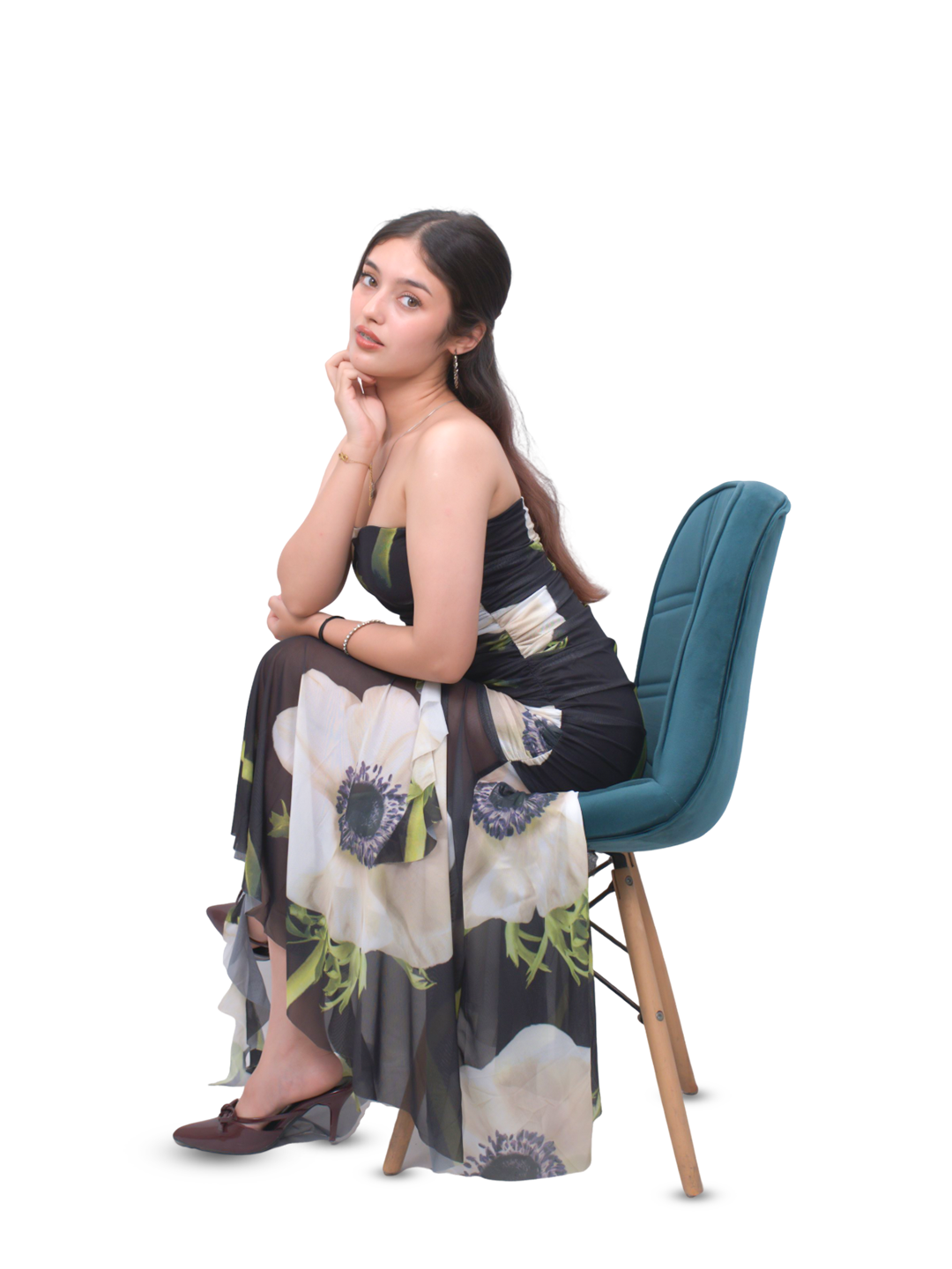 Strapless Floral Print mesh Maxi dress