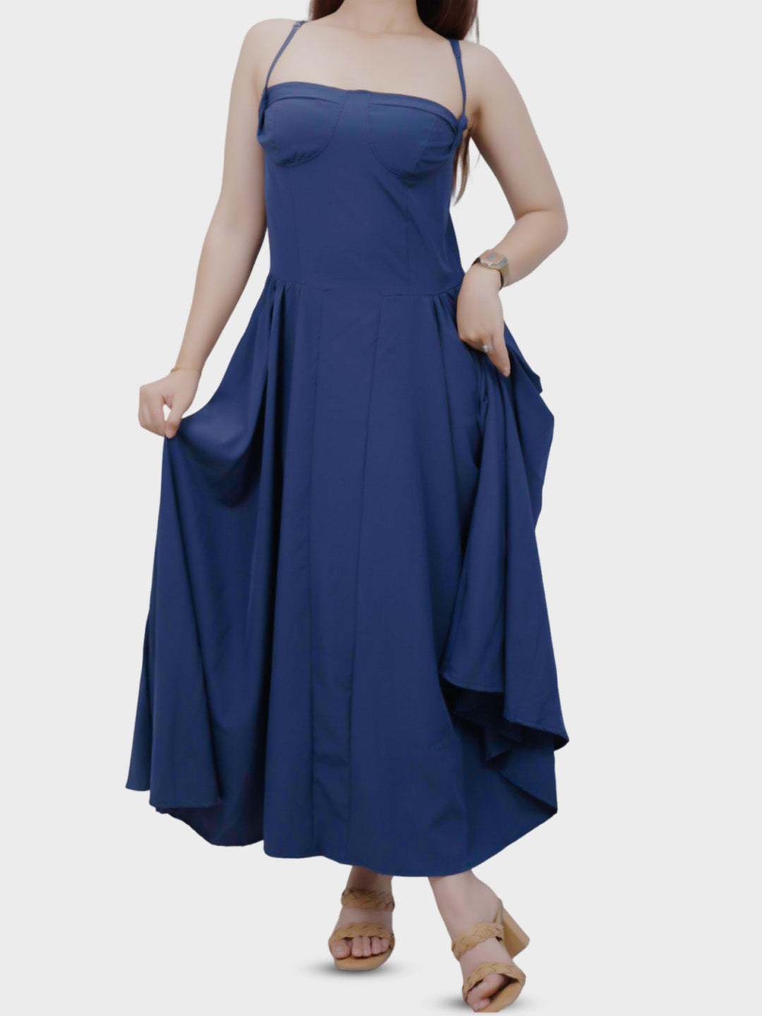 Woman wearing a blue dress