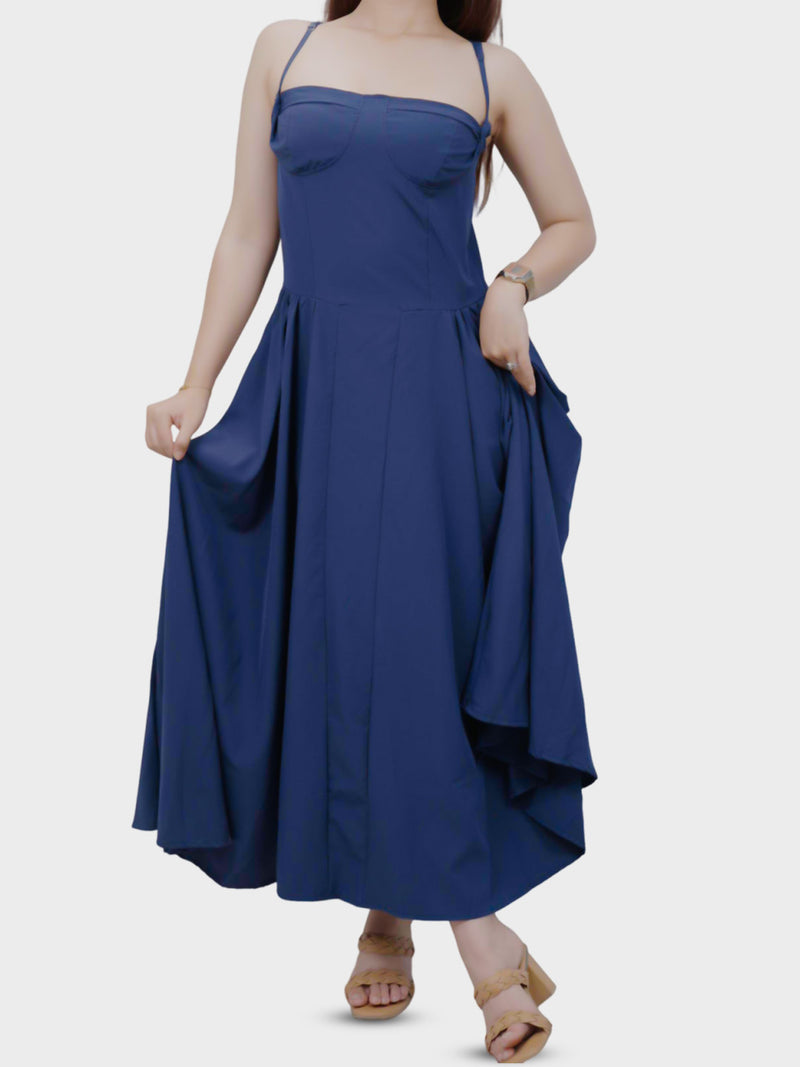 Strap fit-and-flare midi dress with corset-style top stiching