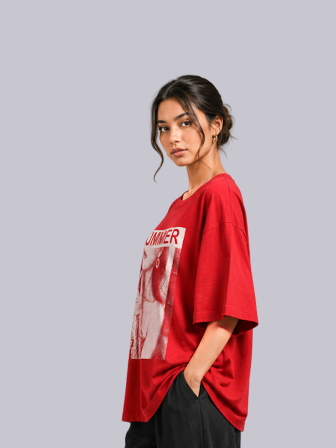 Women's Red Oversized Graphic T-Shirt
