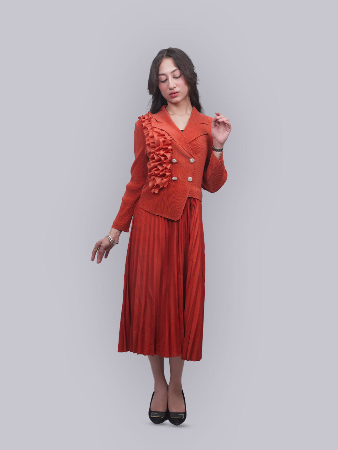 Women’s Rust Ruffled Collar Pleated Jacket & Skirt Co-ord Set | Two Piece Pleated Outfit