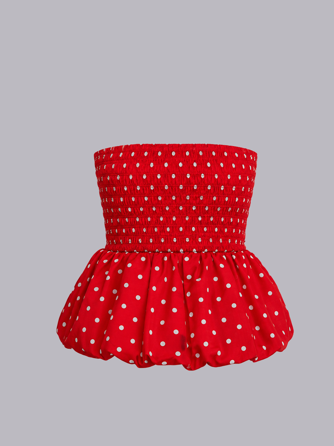 A red strapless smocked.