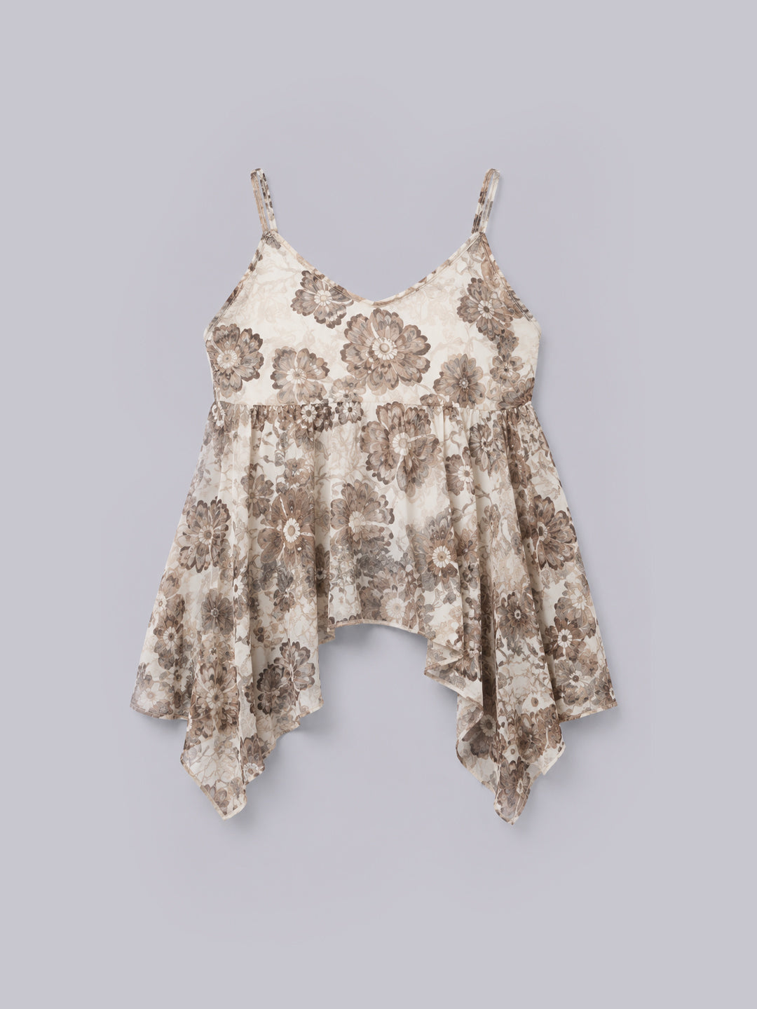 A sleeveless camisole top with thin straps, a V-neckline.