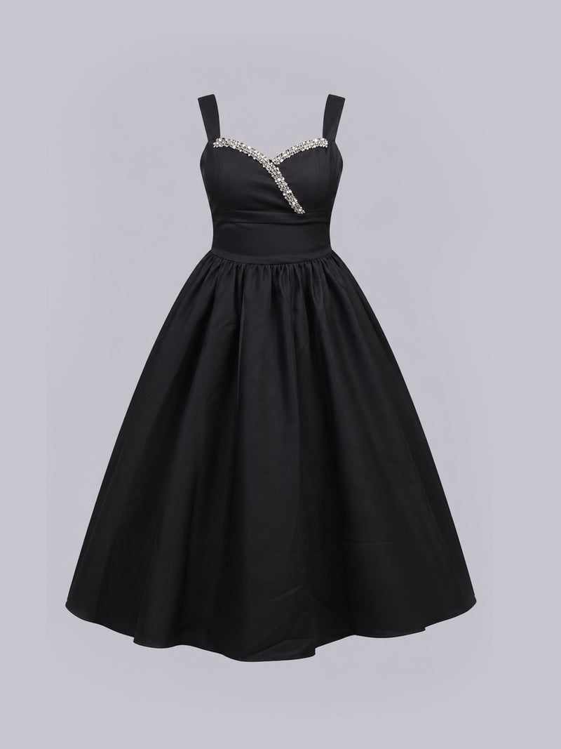 Women’s Black Crystal Embellished Sweetheart Neck Midi Dress