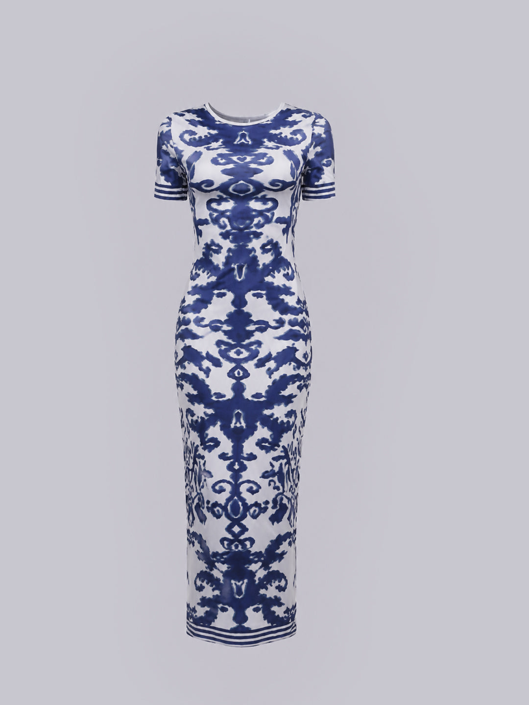 Women’s Blue & White Abstract Print Bodycon Midi Dress | Short Sleeve Fitted Dress
