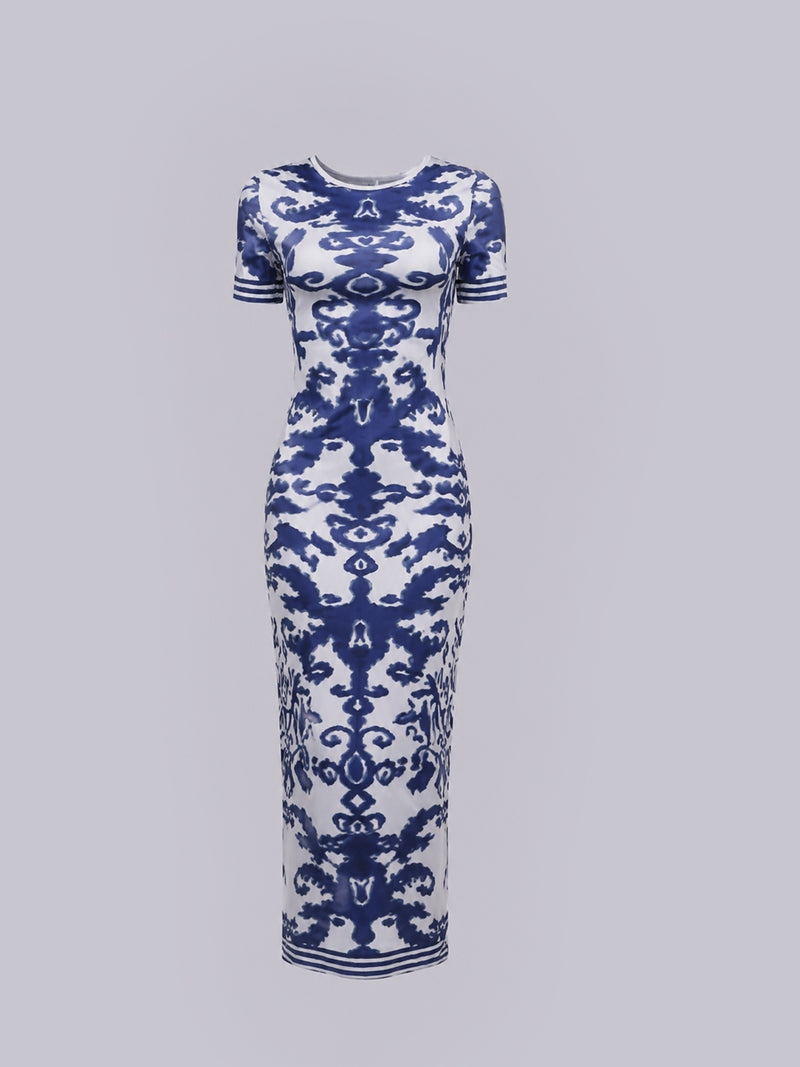 Women’s Blue & White Abstract Print Bodycon Midi Dress