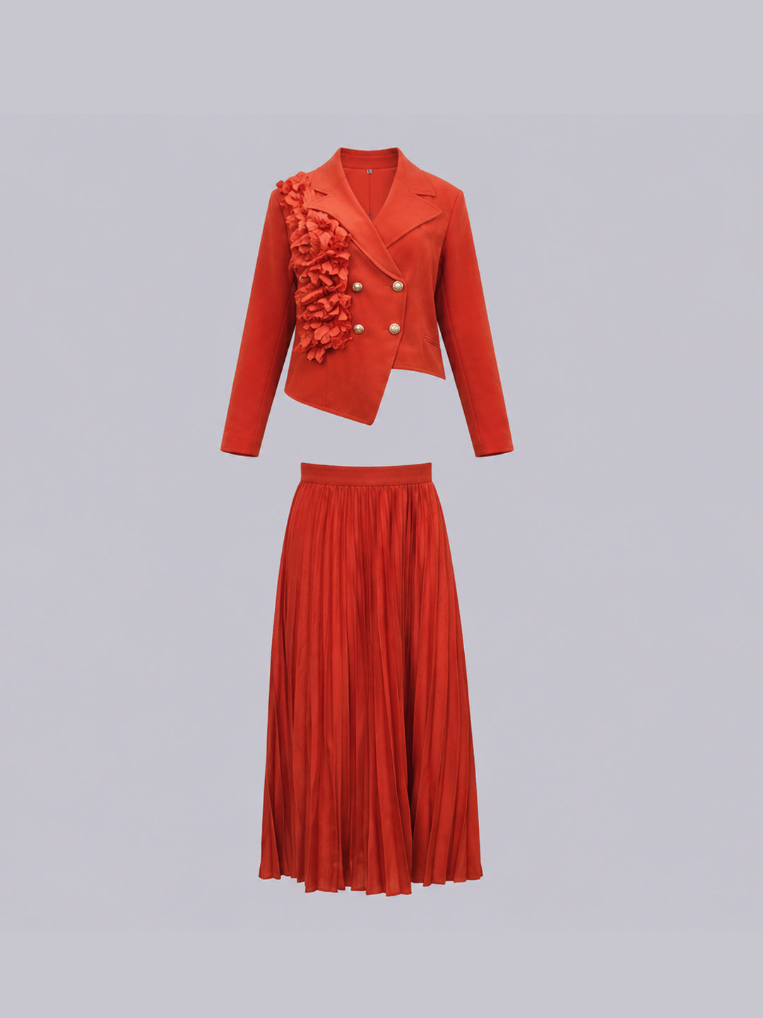 Women’s Rust Ruffled Collar Pleated Jacket & Skirt Co-ord Set | Two Piece Pleated Outfit