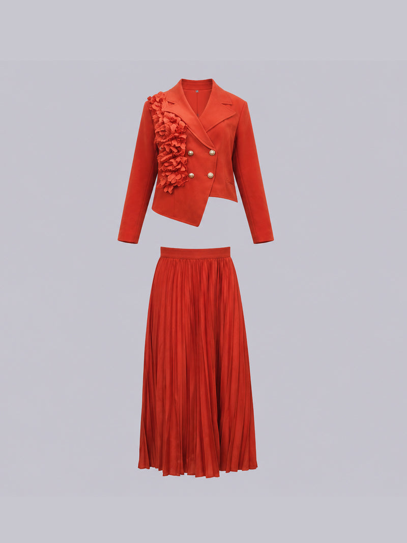Women’s Rust Ruffled Collar Pleated Jacket & Skirt Co-ord Set | Two Piece Pleated Outfit