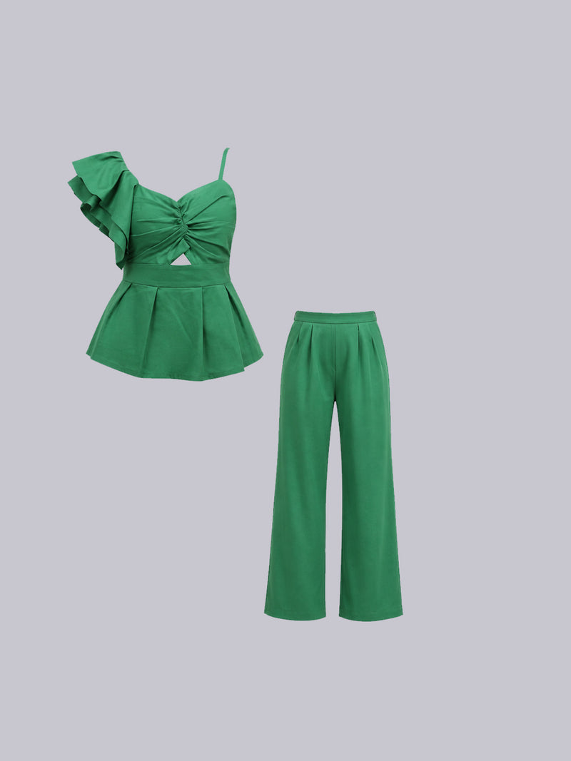 Women’s Green One Shoulder Ruffle Co-ord Set | Twist Front Cutout Top with Wide Leg Pants