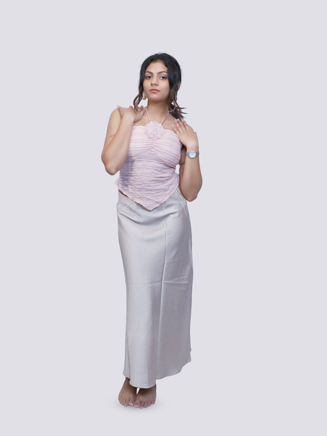 Women's Blush Ruched Halter Top & Grey Satin Maxi Skirt Co-ord Set