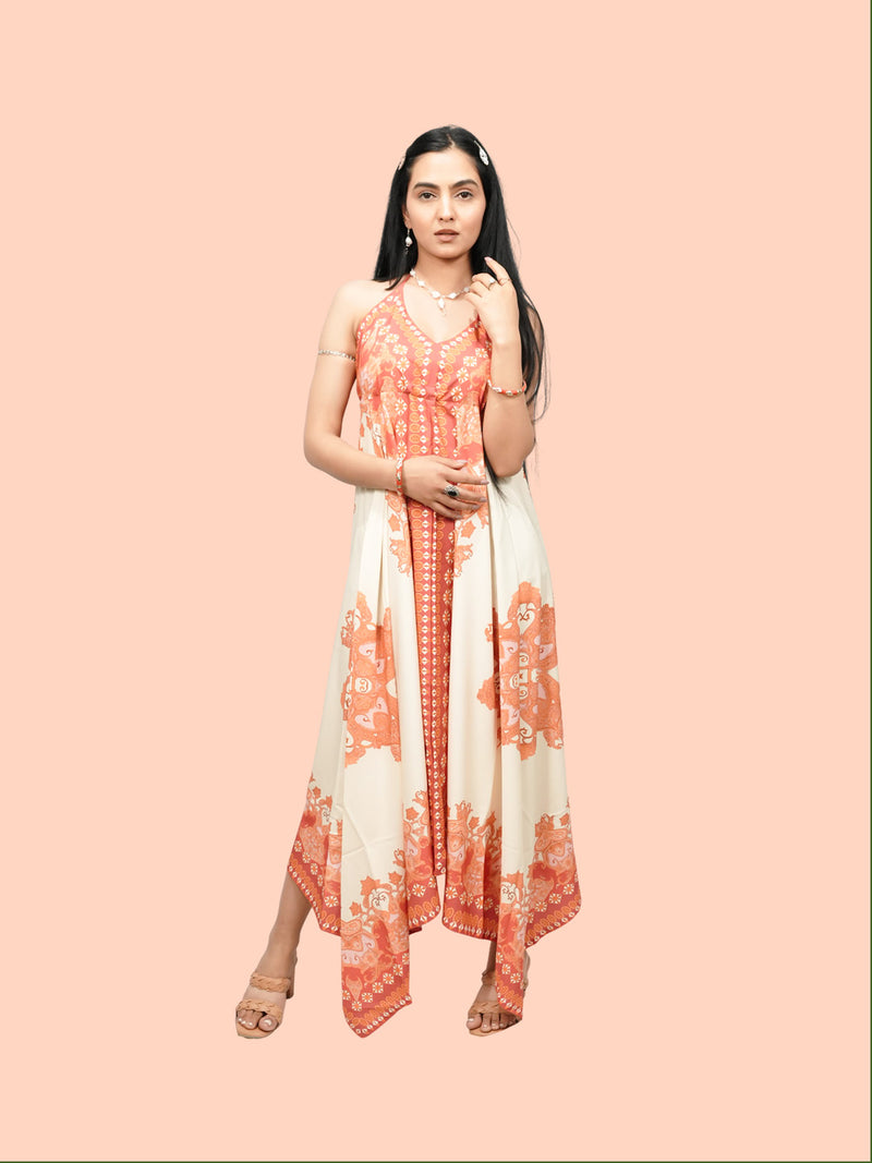 Women’s Orange Vineyard Border Print Hi-Low Maxi Dress  Open Back Sleeveless Flowy Summer Dress