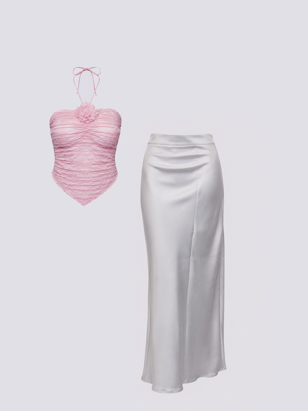 Women's Blush Ruched Halter Top & Grey Satin Maxi Skirt Co-ord Set