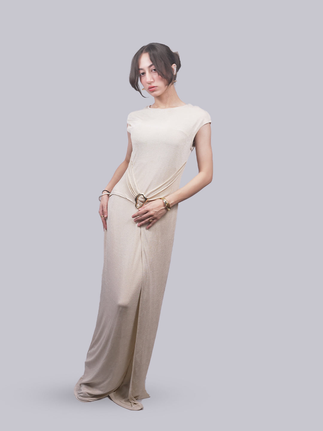 Women’s Beige Draped Cap Sleeve Maxi Dress | Ring Buckle Detail Column Dress