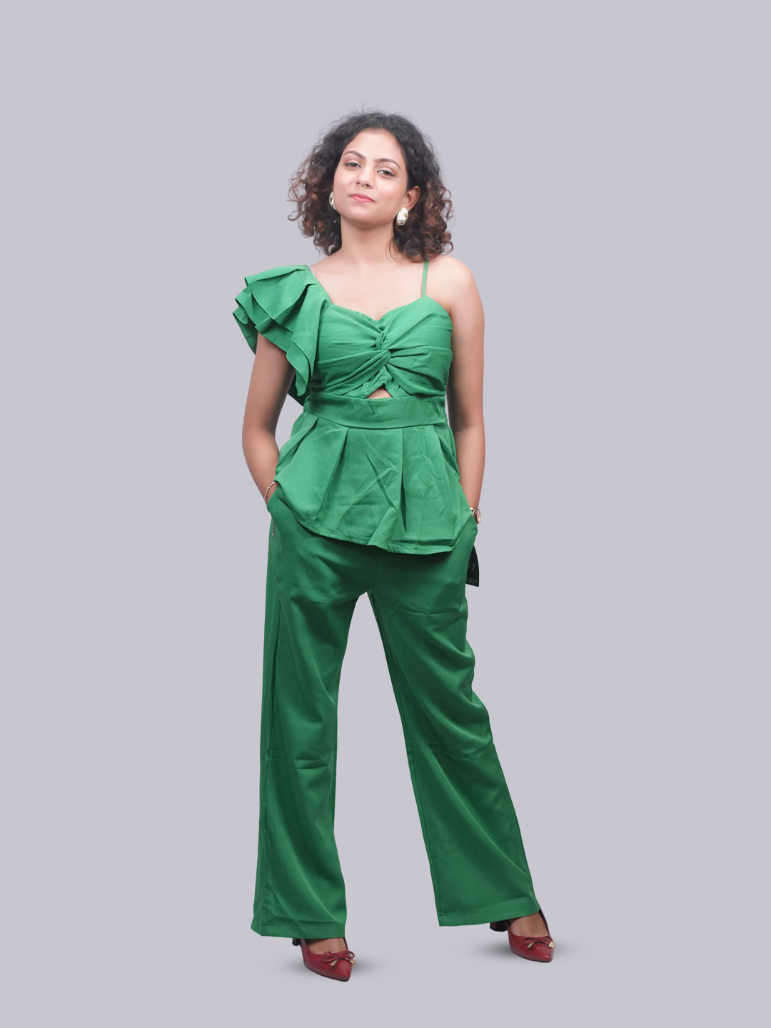 Women’s Green One Shoulder Ruffle Co-ord Set | Twist Front Cutout Top with Wide Leg Pants