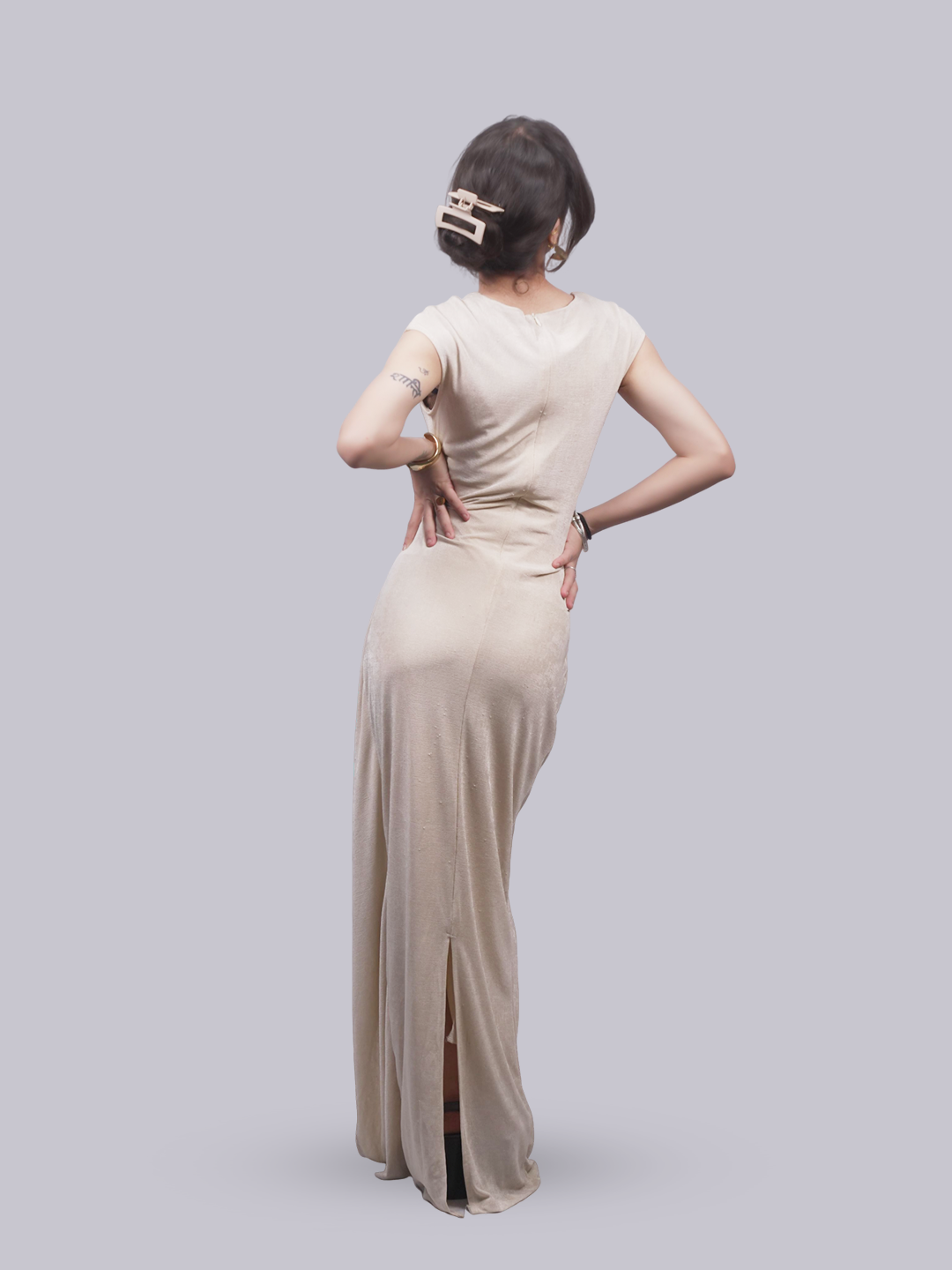 Women’s Beige Draped Cap Sleeve Maxi Dress | Ring Buckle Detail Column Dress