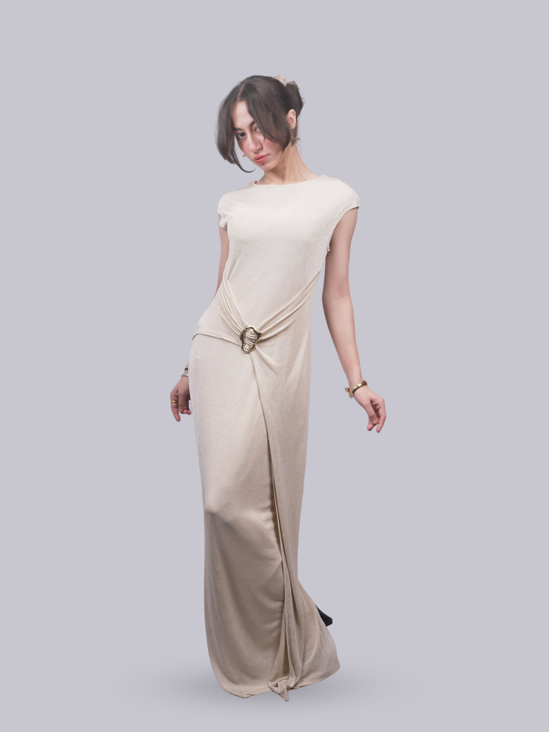 Women’s Beige Draped Cap Sleeve Maxi Dress | Ring Buckle Detail Column Dress